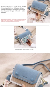 Three-color patchwork PU crossbody bag detail with 21x10x14cm size measurements