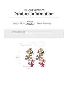Detail view of 18k gold plated flower earrings with multi-color crystals and size specs