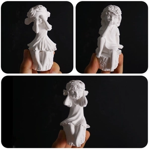 Three-piece set of white little girl statues sitting on stumps in see-hear-speak no evil poses