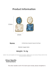 Detailed specs for wavy resin square earrings featuring blue color and golden texture