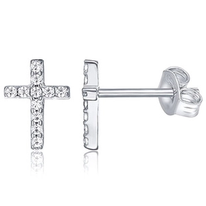 Macro view of silver cross stud earrings with sparkling cubic zirconia inlay stones