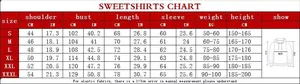 Detailed sizing chart for hooded sweatshirts showing measurements in CM and IN for S to XXXL