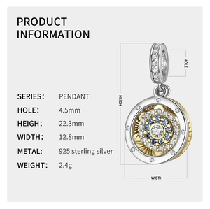 Detailed size specifications for S925 sterling silver evil eye pendant with 4.5mm hole
