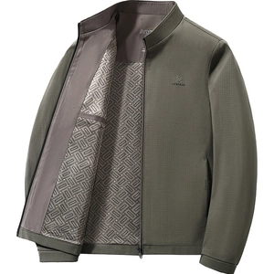 Men's olive green stand collar casual jacket with premium geometric printed lining