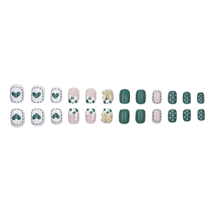 Glossy vintage green press-on nails with 3D bows and heart patterns for students