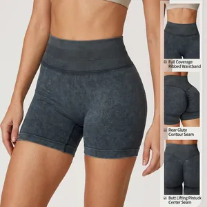 Short de yoga sans couture gris anthracite délavé à taille haute et effet push-up