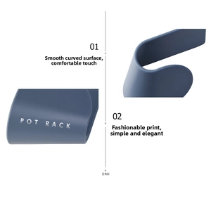 Detail of blue pot rack showing smooth curved edges and minimalist silk-screened logo