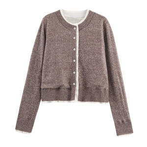 Women Round Neck Knit Cardigan Contrast Color White Trim Button Down Sweater Jacket Mock Layering Long Sleeve