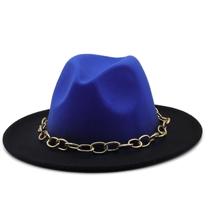 Blue and black gradient wool fedora hat with a bold gold metal chain for fashion