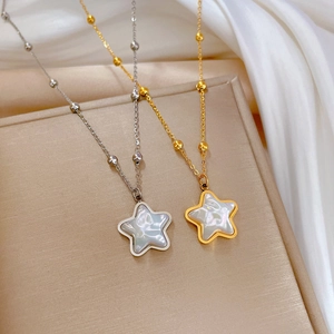 Star Pendant Necklace Stainless Steel Mother Of Artificial Pearl Shell Inlaid Beaded Chain Minimalist Elegant Jewelry For Women
