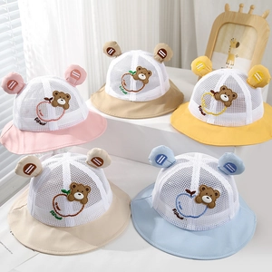 Mesh baby sun hats with cute bear apple embroidery in five soft assorted colors