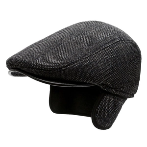 Men's wool plaid newsboy cap with earflaps and leather trim for autumn and winter