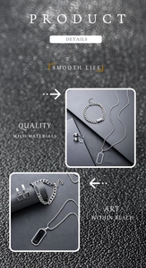 Detailed close-up of men's stainless steel jewelry set with black enamel rectangular design