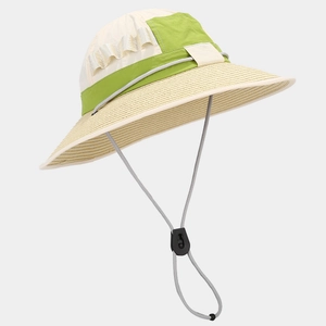 Detail of outdoor sun hat with quick-dry crown, straw brim and adjustable windproof cord