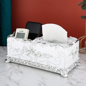 European style tissue box with silver floral carving and multi-functional remote holder