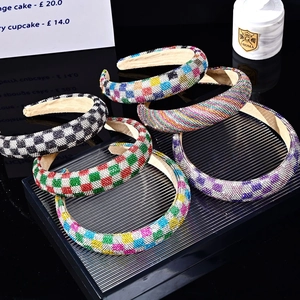 Rhinestone Headband Wide Padded Checkered Colorful Sparkling Fashion Hair Accessory For Women Girls Party Styling