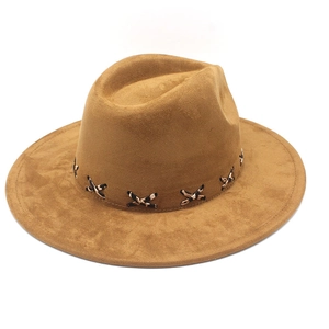 Close-up of brown suede fedora featuring leopard print cross-stitch decorative details