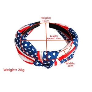 Detail view of American flag knotted headband showing dimensions 16x12x3cm and 28g weight