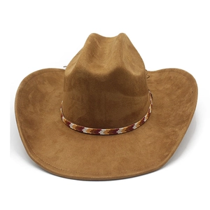 Close-up of brown suede western cowboy hat featuring ethnic multi-color beaded hatband