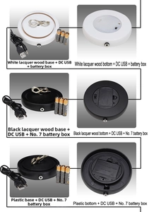 Detail of wooden and plastic bases with DC USB ports and battery slots for Christmas lamps