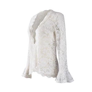 Detailed macro view of white floral lace texture and flared sleeve cuff design