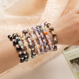 Bohemian Beaded Bracelet With Faux Artificial Pearl And Textured Ceramic Shell Beads Colorful Elastic Stretch Hand Jewelry For Women