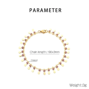 Detail view of gold teardrop bracelet with purple beads including 190x3mm size specs