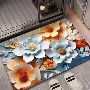 3D Badematte aus Diatomeenschlamm mit Blumenmuster in Orange und Blau für Badezimmer