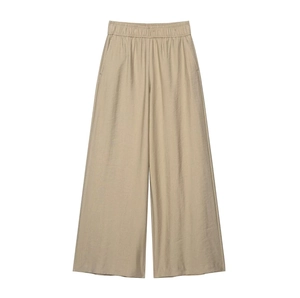 Khaki high waist wide leg pants with elastic waistband and side pockets in casual style