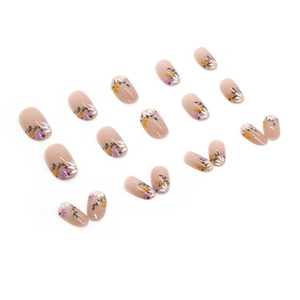 24pcs nude pink round short press-on nails with elegant colorful floral patterns