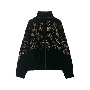 Schwarze Samtjacke mit goldener Blumenstickerei am Rücken und Stehkragen für Damen