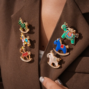 Chic cartoon rocking horse brooches with colorful enamel and sparkling rhinestones