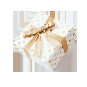 Elegant white gift box with gold foil polka dots and a decorative gold satin bow