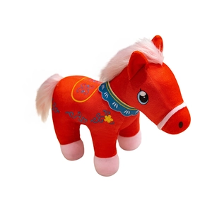 Cute red Chinese style horse plush toy with intricate cloud embroidery and soft mane