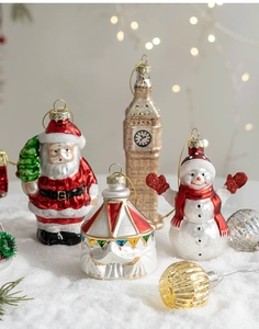 Detailed view of glass Christmas ornaments featuring Santa, Snowman and Big Ben with glitter