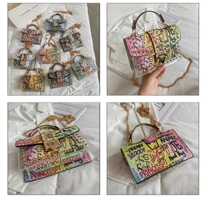 Detailed grid of mini graffiti transparent jelly bags with gold chain straps and top handles