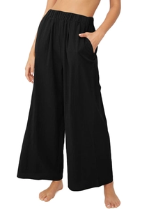 Vue détaillée du pantalon large noir avec taille haute élastique et texture en lin
