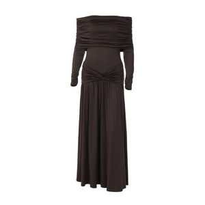 Detail of dark brown off-shoulder dress featuring fine pleats and twist-waist design
