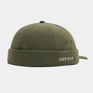 Army green docker hat with white HIP-HOP embroidery and metal eyelets for men