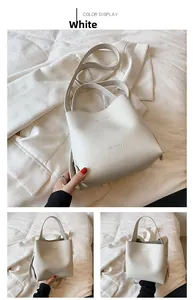Detailed views of a white PU leather bucket bag with top handle and adjustable strap