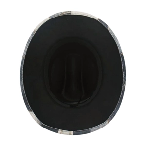Vintage western cowboy hat with black wide brim and monochrome pattern for travel photos