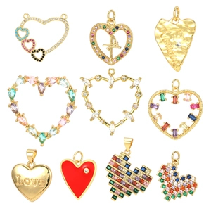 Assorted gold heart pendants with colorful zircon and enamel inlay for jewelry DIY