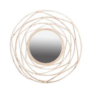 Bohemian style natural rattan round wall mirror with layered geometric sunburst frame