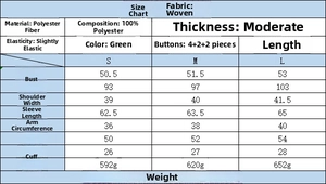 Detailed size chart for green lapel single-breasted jacket with measurements in CM