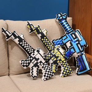 Three-piece set of 8-bit pixel style plush gun pillows in gray, yellow, and blue colors