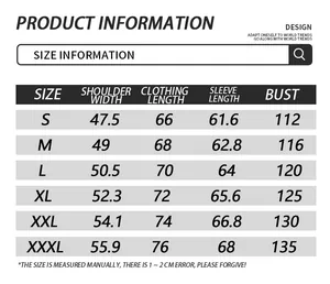 Detailed size chart for men's casual stand collar jacket with multi-pocket design
