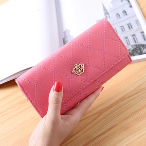 Pink long PU leather wallet with diamond quilted pattern and a gold crown emblem