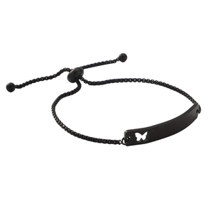 Detail of adjustable black stainless steel bracelet with hollow butterfly bar and slider