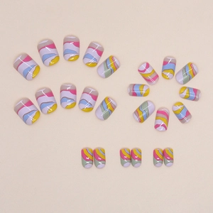 Colorful abstract wave pattern short square press-on nails with glossy finish set