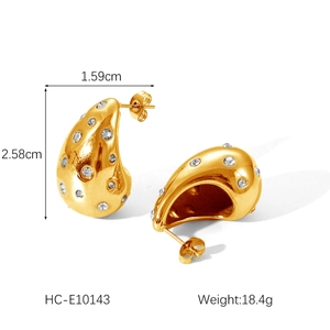 Detail showing dimensions of gold teardrop earrings with crystals, 2.58cm high and 1.59cm wide